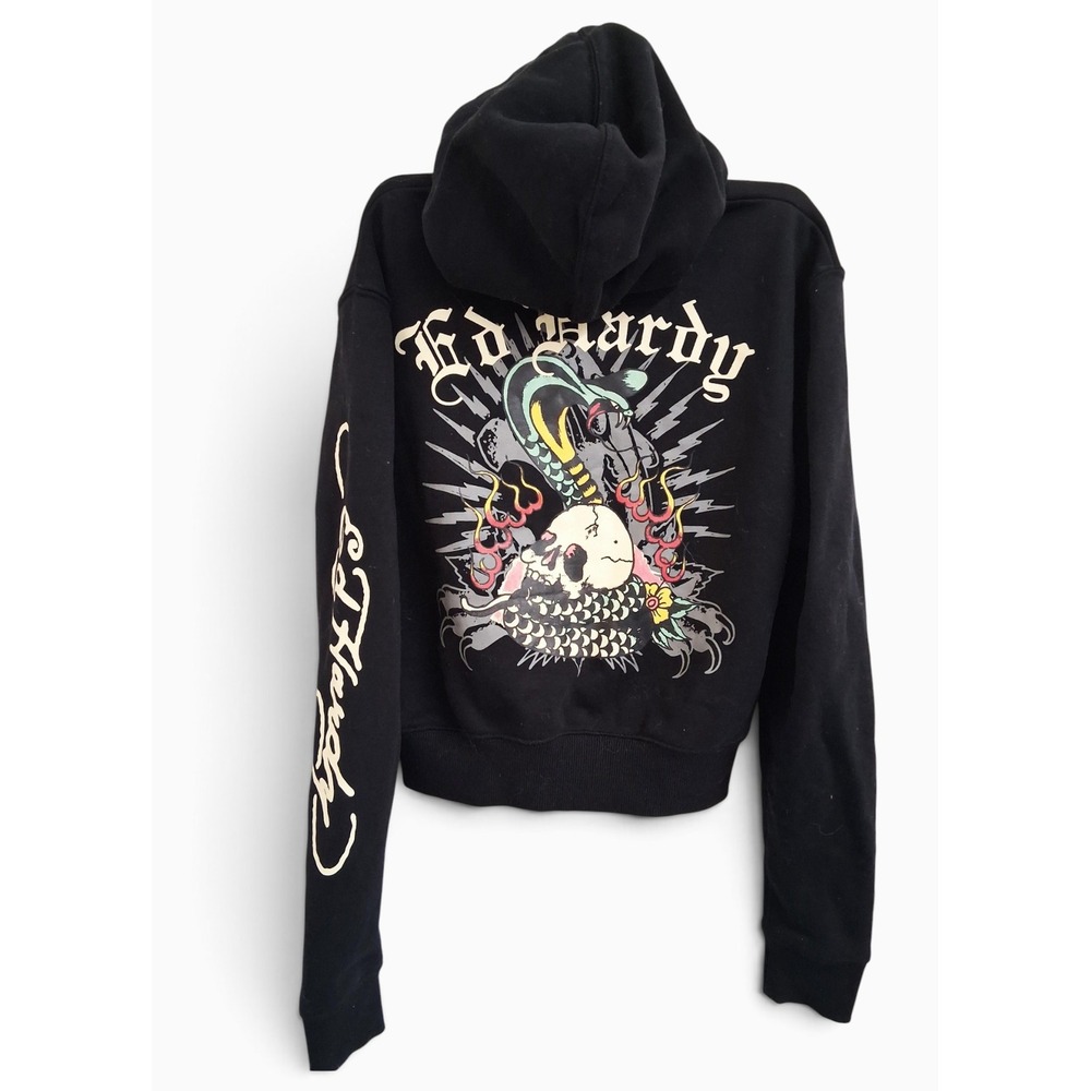 Ed Hardy Hoodie Womens S Black Full Zip Skull Snake Graphic Y2K Goth Tattoo